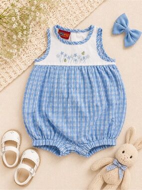 mypal Blue Plaid Baby Bubble Romper with Embroidery vintage